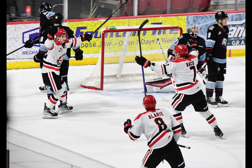 Moose Jaw Warriors defenceman Cosmo Wilson celebrates after scoring his first WHL goal…