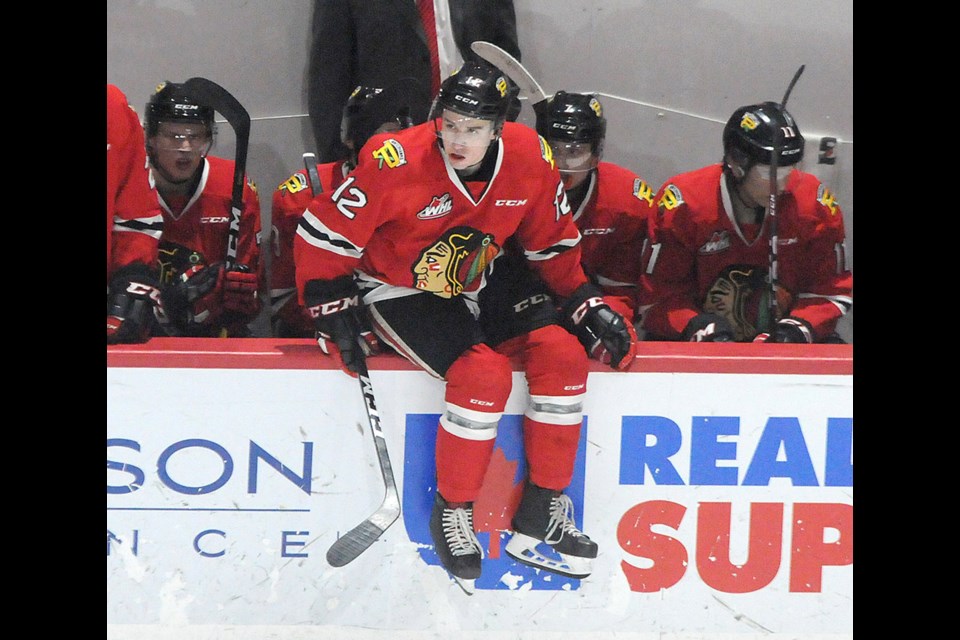 Reece Newkirk looks to hit the ice against the Moose Jaw Warriors this past season.