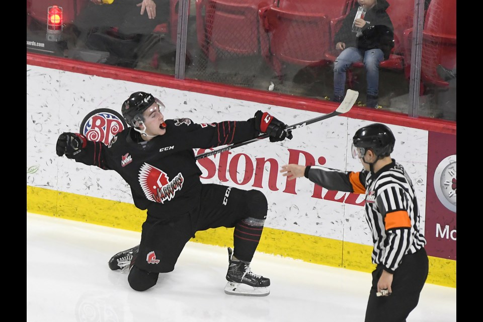 Brayden Tracey celebrates a goal against the Red Deer Rebels earlier this season.