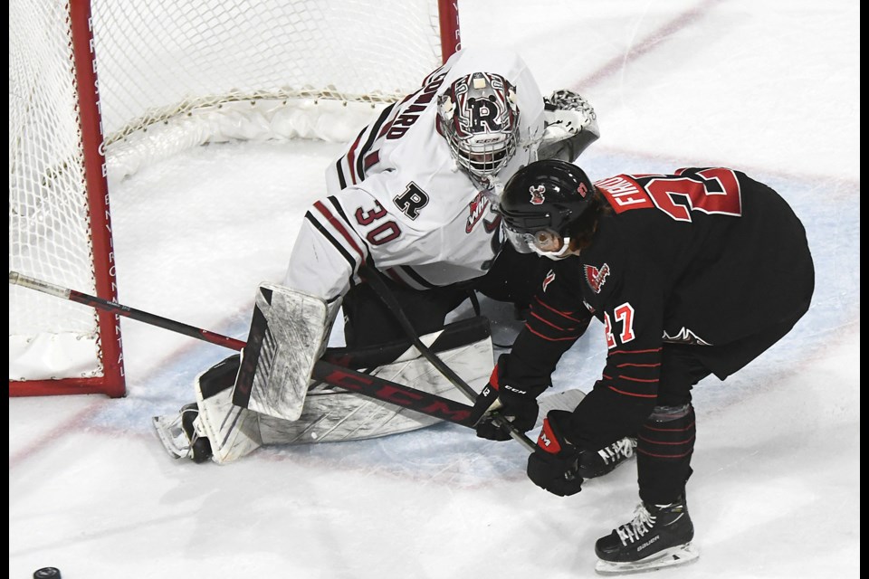 Warriors forward Jagger Firkus had a chance on this breakaway but couldn’t beat Chase Coward.