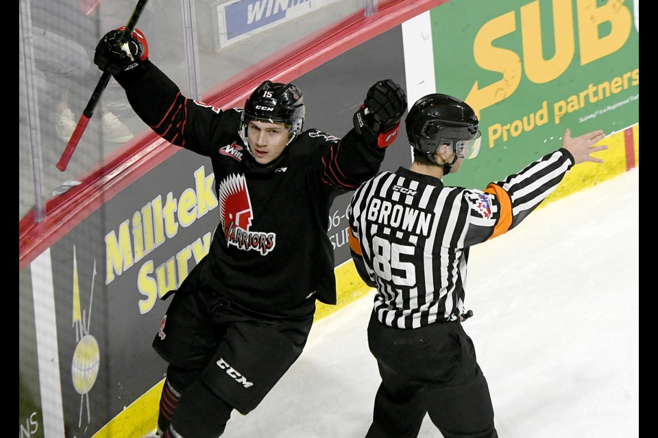 Owen Hardy celebrates his first goal in a Warriors uniform.