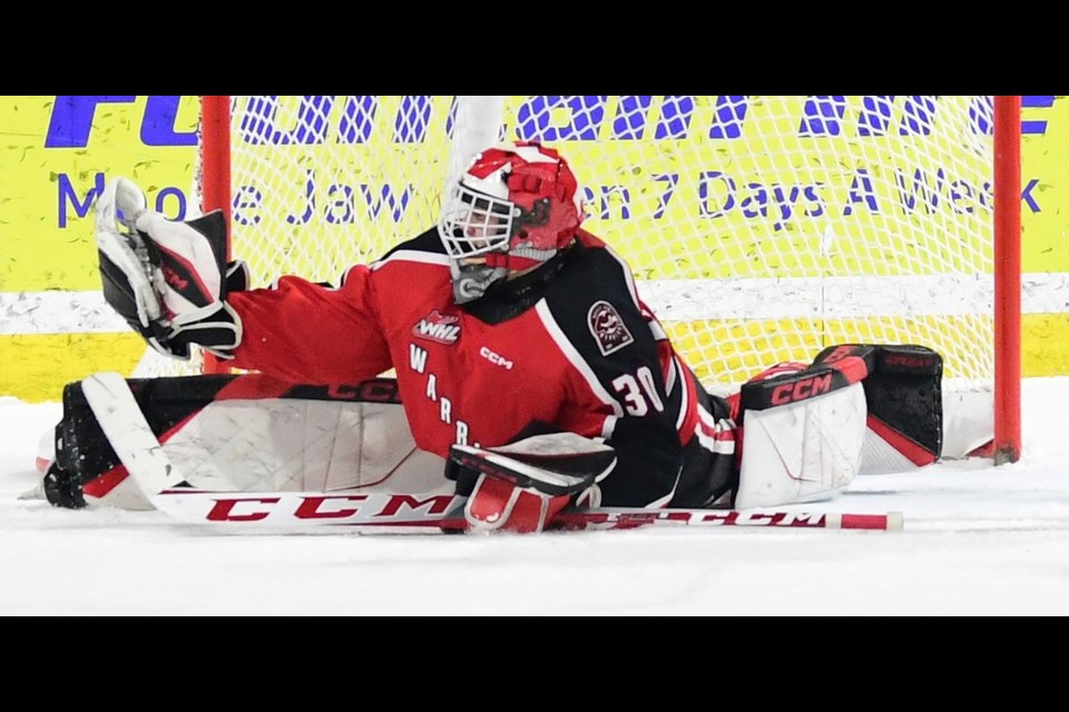 Jackson Unger gets across to make a brilliant glove save on Borya Valis during first period action.