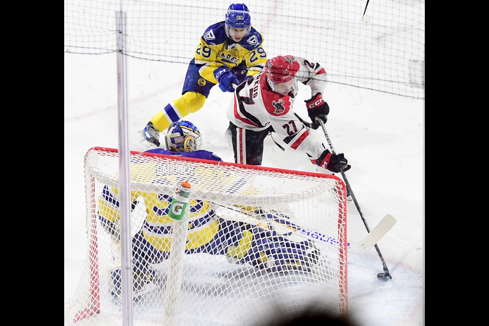 Jagger Firkus scores the Warriors’ sixth goal as part of his five-point night.