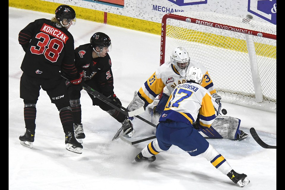 Cole Jordan couldn't quite score on this chance for the Warriors, but would get his first goal of the season in the second period