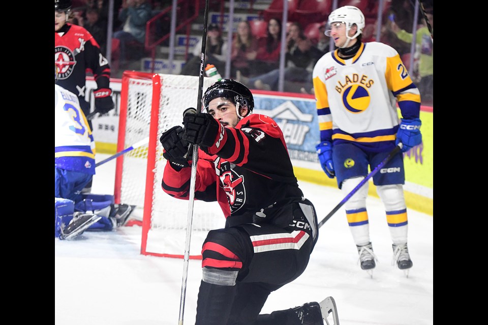 Warriors forward Matthew Savoie celebrates after tying the game in the second period.