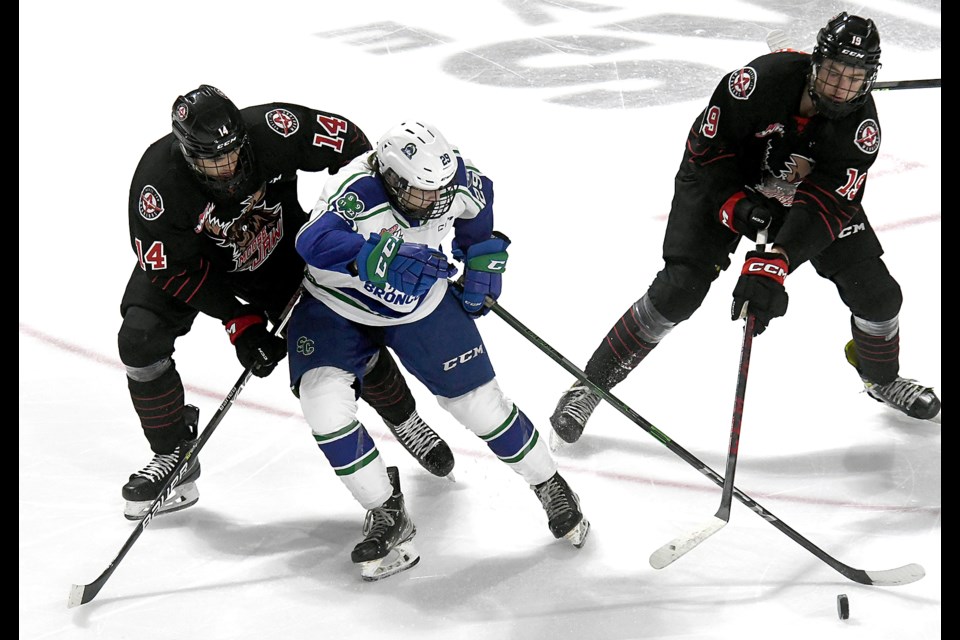 Action from the first exhibition game of the season between the Moose Jaw Warriors and Swift Current Broncos on Friday night at the Moose Jaw Events Centre.