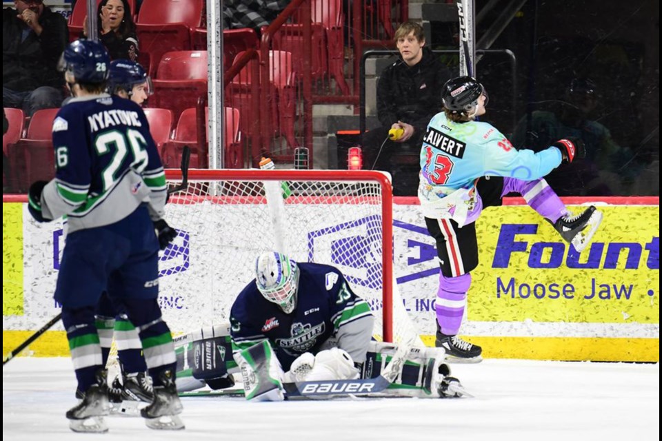 Atley Calvert celebrates after scoring the Warriors’ third goal.