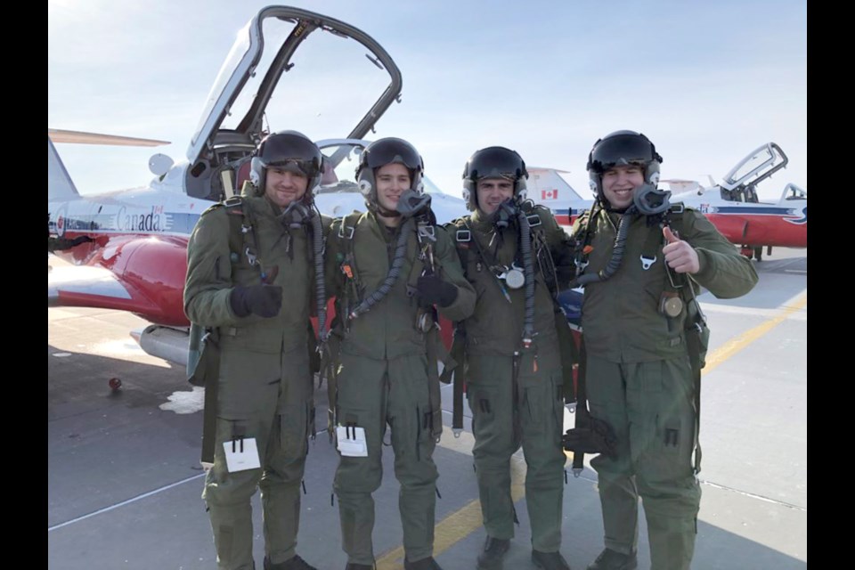 Moose Jaw Warriors Tristin Langan, Justin Almeida, Luke Ormsby and Brodan Salmond flew with the Snowbirds recently. Moose Jaw Warriors photo