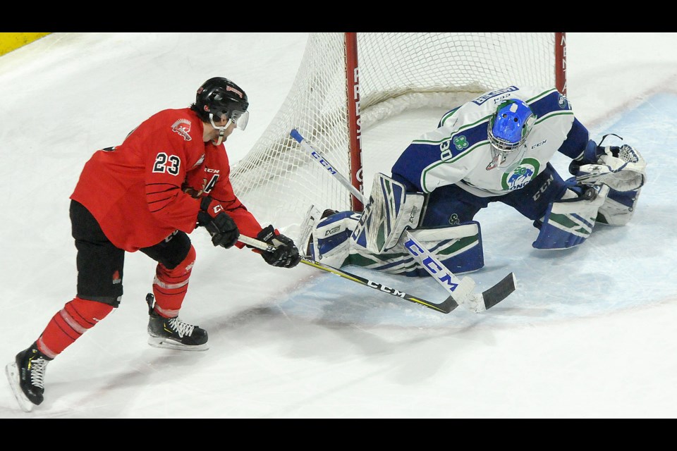 Moose Jaw Warriors forward Tristan Langan couldn't quite lift this shot over Broncos goaltender Joel Hofer. Randy Palmer photograph