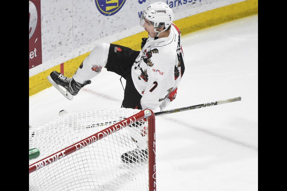 Moose Jaw Warriors forward Brayden Tracey celebrates a goal against the Medicine Hat Tigers last season (file photo)