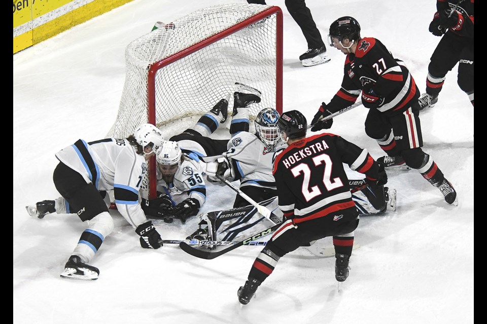 Winnipeg defenceman Karter Prosofsky managed to keep the puck from crossing the line on this goalmouth scramble late in the third period.