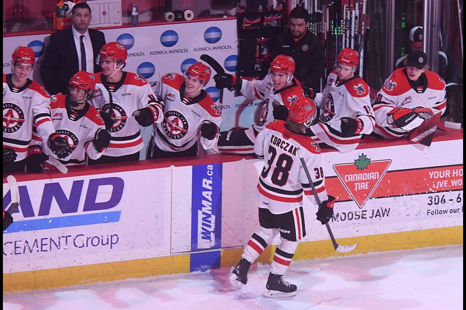 The Moose Jaw Warriors were a happy bunch after Ryder Korczak scored his hat trick goal to seal the win over Winnipeg.