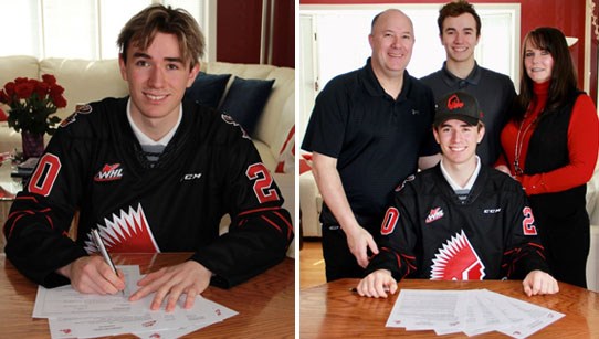 Bradyen Yager signs his WHL standard player agreement and gathers for a family photo afterwards.