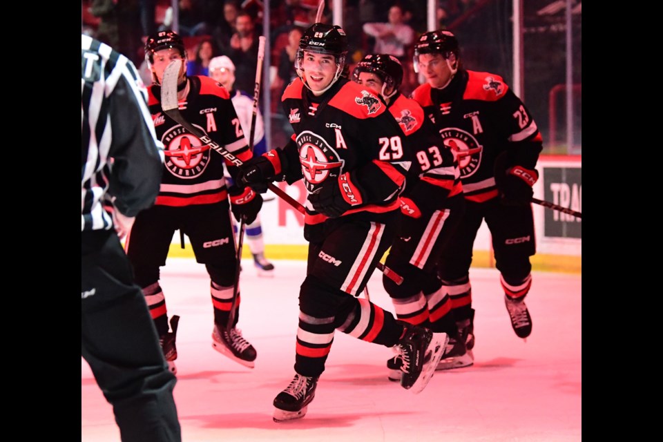 Brayden Yager turns to lead the flyby after celebrating his game-winning goal with 31.7 seconds remaining.