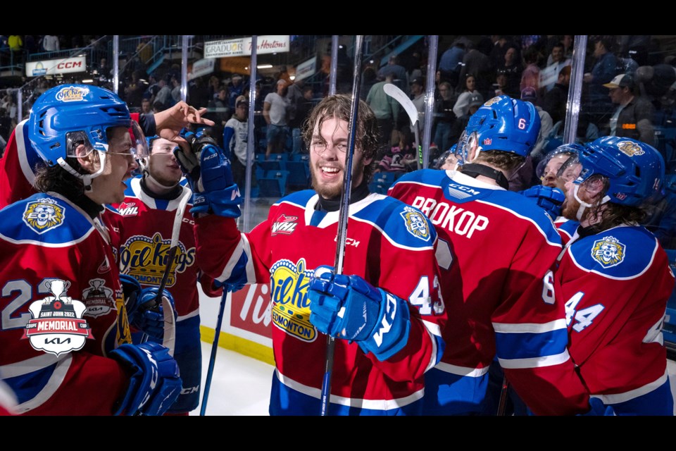 Moose Jaw Minor Hockey product and Edmonton Oil Kings forward Jaxsen Wiebe celebrates with teammates after their overtime win over Saint John. 