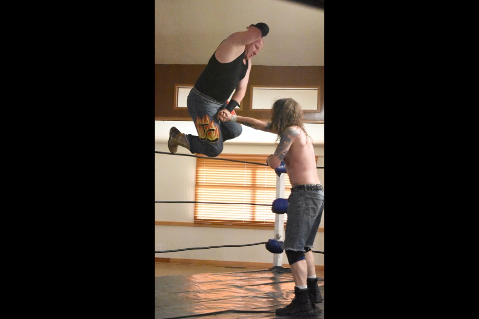 Crazed Cowboy Jacob Creed comes off the top rope to finish off the Old School against Dick Blood.