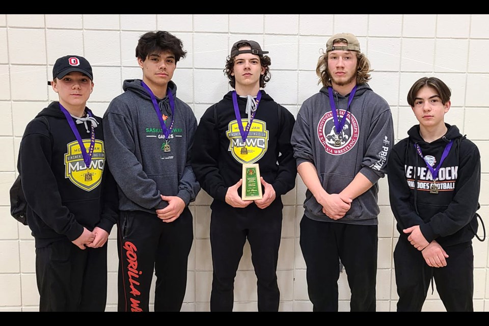 The Peacock Toilers turned in an impressive showing at the SHSAA regional wrestling championship, winning gold across their divisions and claiming the team title. Pictured are Tanner Kivol (53 kg), Kingston Usher (73 kg), Kayde Kell (65 kg), Brady Ross (77 kg) and Kruz Babich (50 kg).