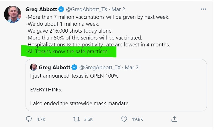 Greg Abbott tweet Tuesday March 2 2021