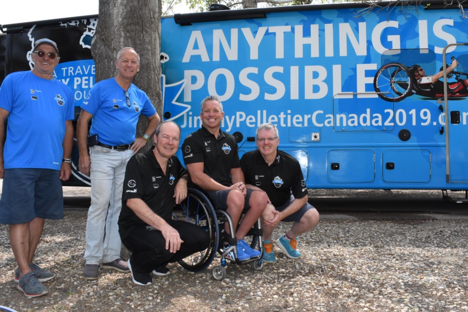 Team Jimmy Pelletier poses for a picture at the Prairie Oasis campground while passing through Moose Jaw. From left are Michael Bibeau, André Belanger, Michel Dallaire, Jimmy Pelletier and Clemente Lemieux. Photo by Jason G. Antonio 