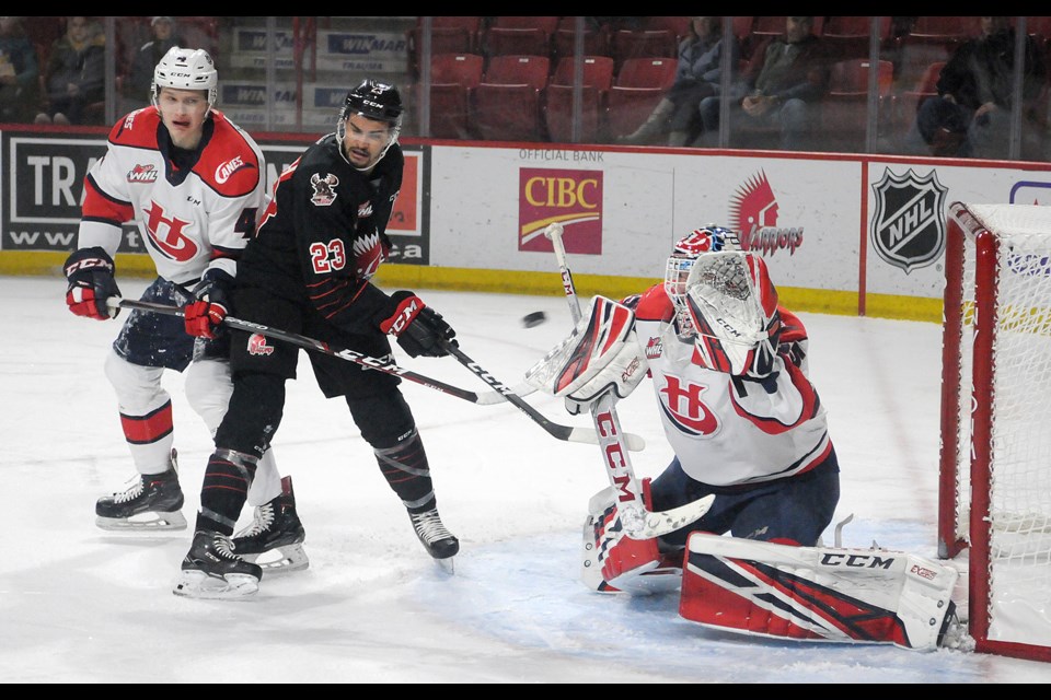 Jadon Joseph couldn’t quite get his stick on this shot during a second-period power play.