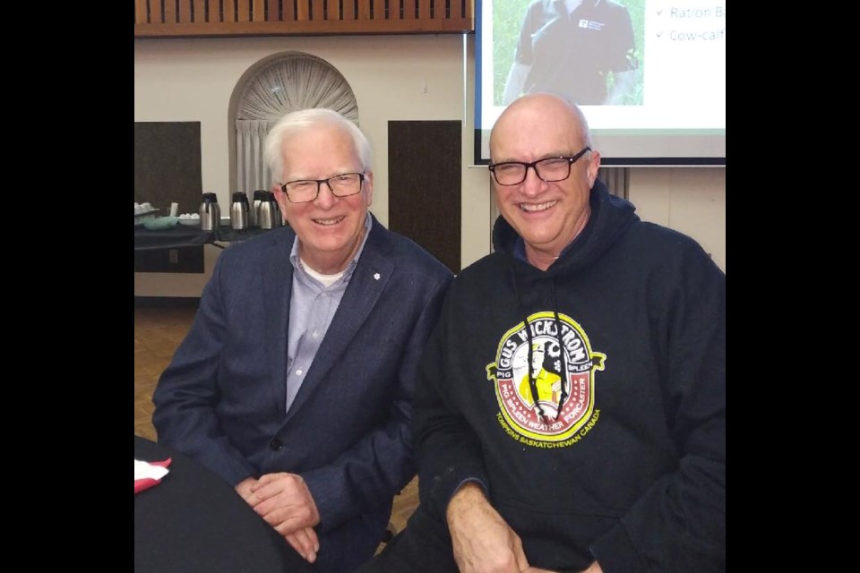 The great weathermen of Canada: well-known senior climatologist David Phillips and Saskatchewan-based pig spleen prognosticator Jeff Woodward shared the stage in Yorkton in 2018 as part of a Saskatchewan Agriculture event. Photo courtesy Facebook