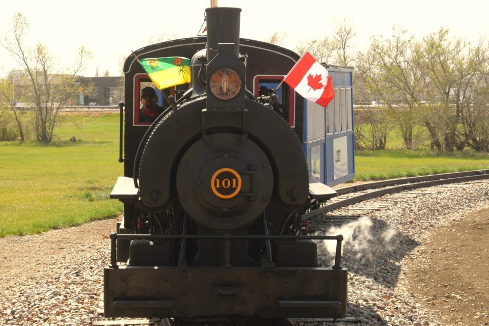 A head-on view of the K+S Potash Canada Short Line 101 as it arrives at the train station.