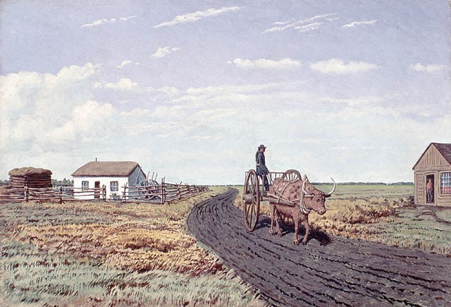 Manitoba Settler’s House and Red River Cart, by William Hind, oil on academy board, from around 1862. (Library and Archives Canada)