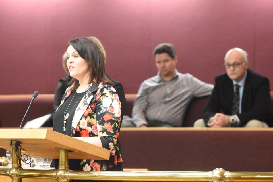 Jennifer May, vice-president of community engagement with The Lung Association, speaks to city council about how important changes to the smoking bylaw will be. Photo by Jason G. Antonio