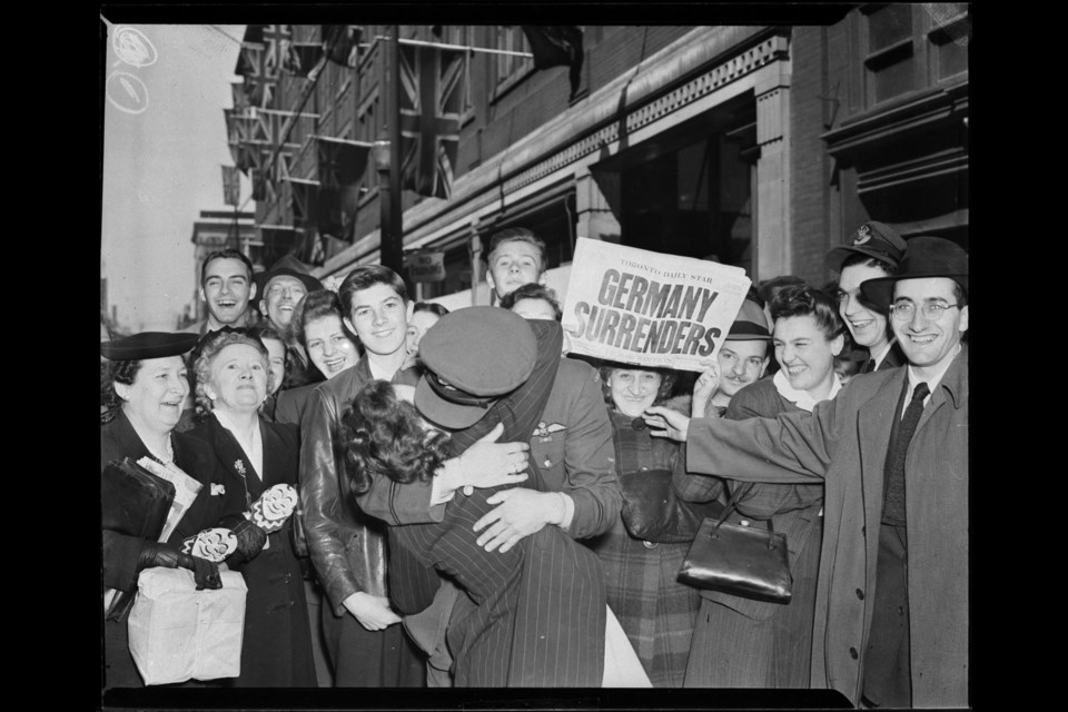 Residents and military personnel in Toronto celebrate the end of the Second World War on May 8, 1945. Photo courtesy The Canadian Encyclopedia