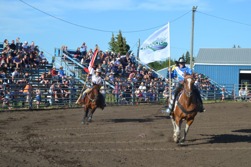 The Canada and Bowden flags were paraded during the opening ceremony for the Bowden Daze Pro Rodeo on July 16. 
Doug Collie/MVP Staff