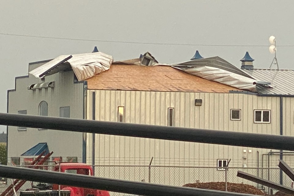 Powerful winds during the Friday, July 2 storm that swept through the area practically peeled almost the entire west-facing portion of the roof from the Town of Sundre’s operations building.
Photo courtesy of Shane Vollett