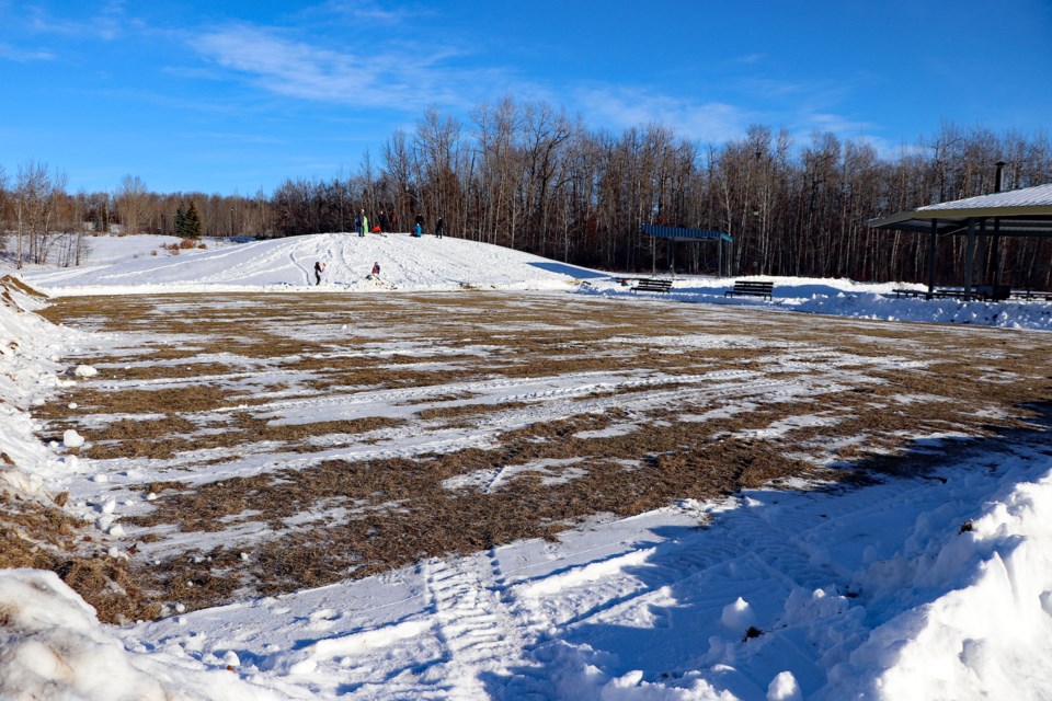 Last week Innisfail's parks crews cleared away snow from a large area in Centennial Park near the toboggan hill for an outdoor skating rink. Johnnie Bachusky/MVP staff