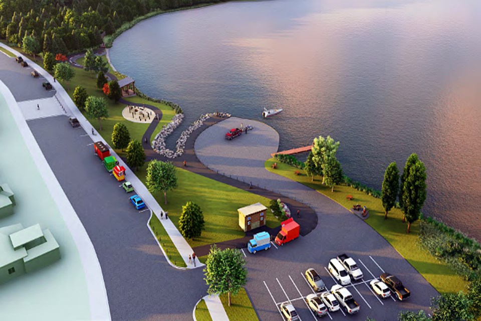 Artist rendering of the south side of Dodd's Lake after redevelopment of the boat launch area. Stantec artist rendering