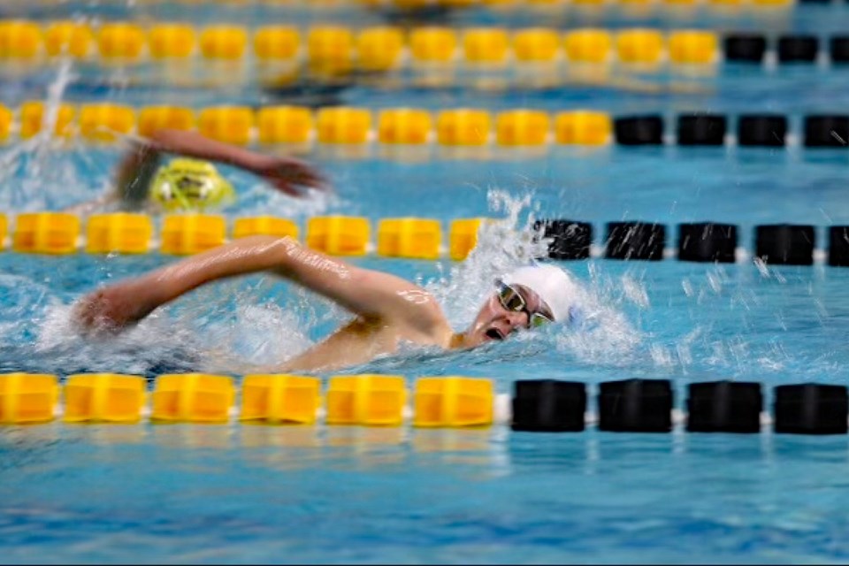 Mason Hickman, 15, a member of the Innisfail Dolphins swim club who lives east of Sundre, took home five medals at the meeting in Okotoks on July 17. The Innisfail squad sent 21 members to the meet, their first in two years. Submitted photo
