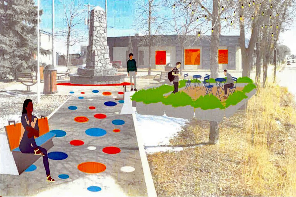 Artist rendering of gathering spaces created in the historic downtown of Innisfail near the cenotaph. Artist rendering courtesy of the Town of Innisfail