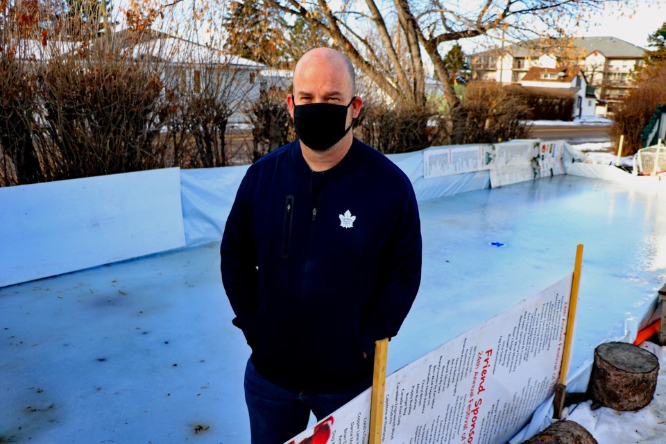 For each of the past seven years, Innisfail dad Patrick Teskey has built an old-fashioned backyard rink for his kids. Johnnie Bachusky/MVP Staff