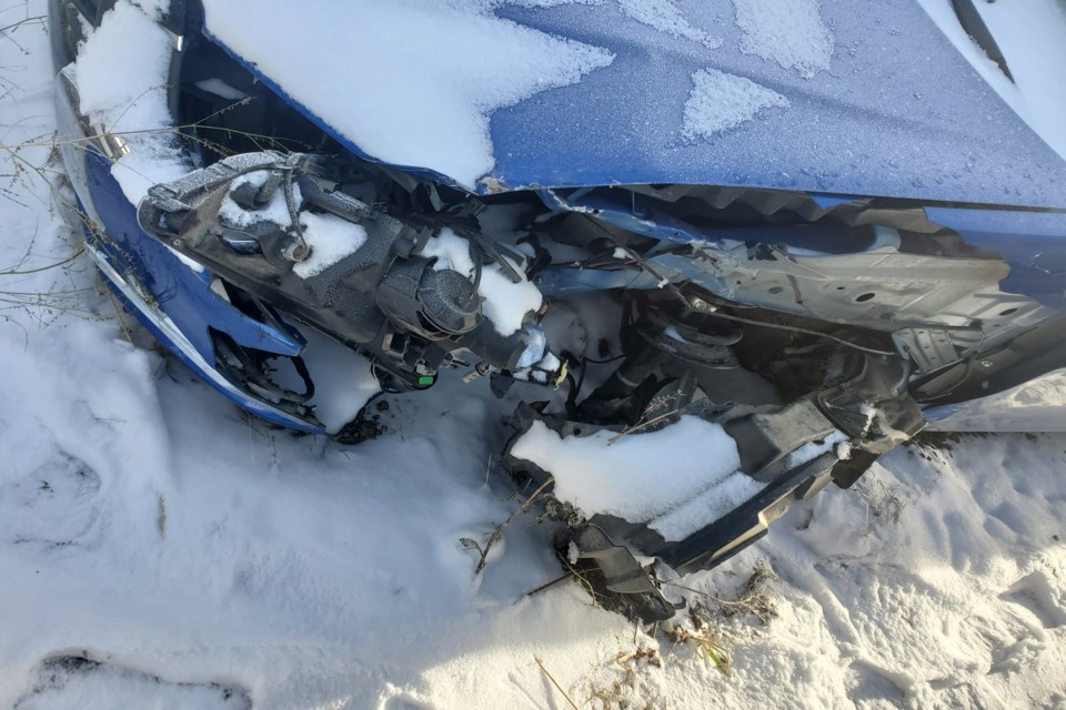 Damaged front end to Lynne McConnell's 2016 Mitsubishi RVR following a head-on crash in Innisfail during the morning of Nov. 6. The vehicle, which was written off, had been stolen for the second time in 18 hours. Submitted photo
