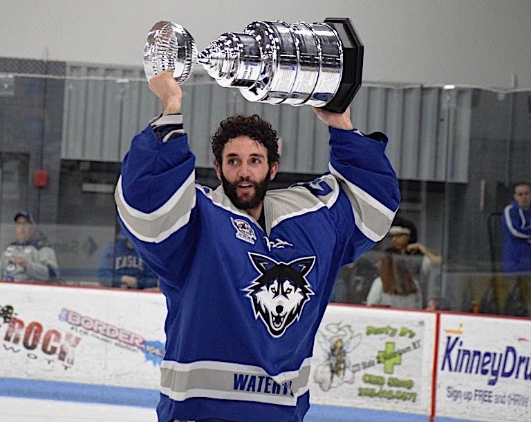 Sundre's Adam Beukeboom holds the Commissioner's Cup trophy following the Watertown Wolves' 3-2 double overtime victory over the Federal Prospects Hockey League's River Dragons from Columbus, Ga. 
Submitted photo