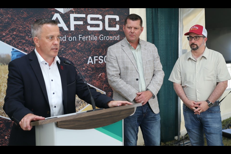 Agricultural Financial Services Corporation chief executive officer Darryl Kay discusses changes to its Next Generation Loan Program as, from left, Agriculture & Irrigation Minister RJ Sigurdson and Olds-Didsbury-Three Hills MLA Nathan Cooper look on.
Doug Collie/MVP Staff