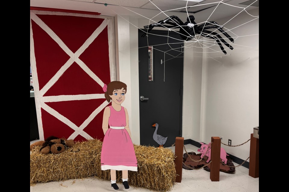 To add realism to the month-long BEAR Book Read-Aloud project, Dana Lacombe, a Grade 5 teacher at St. Marguerite, created a display in the school's front foyer to bring Charlotte's Web to life. Submitted photo