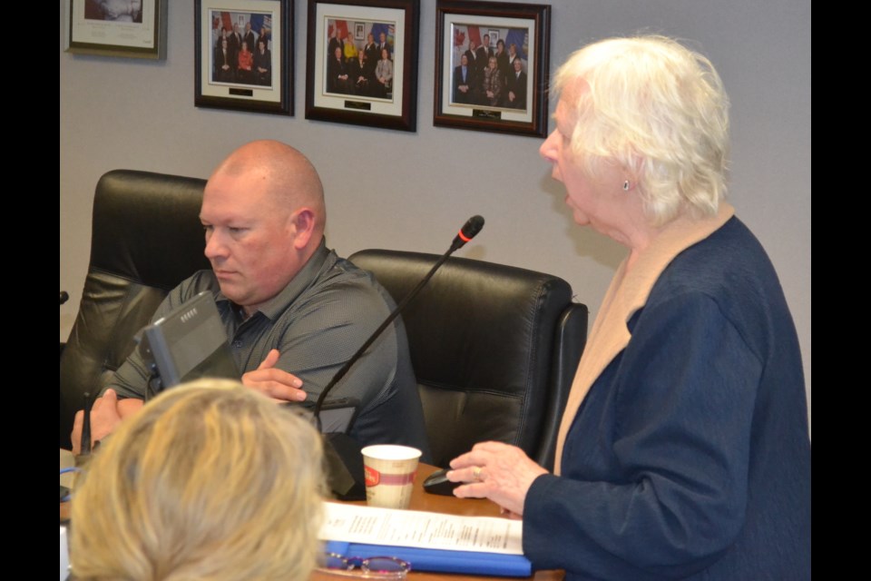 Bernice Lynn, co-chair of the Community Lifestyles Committee, addresses Olds town council regarding ageism. Building an age-friendly community is among the committee's initiatives.