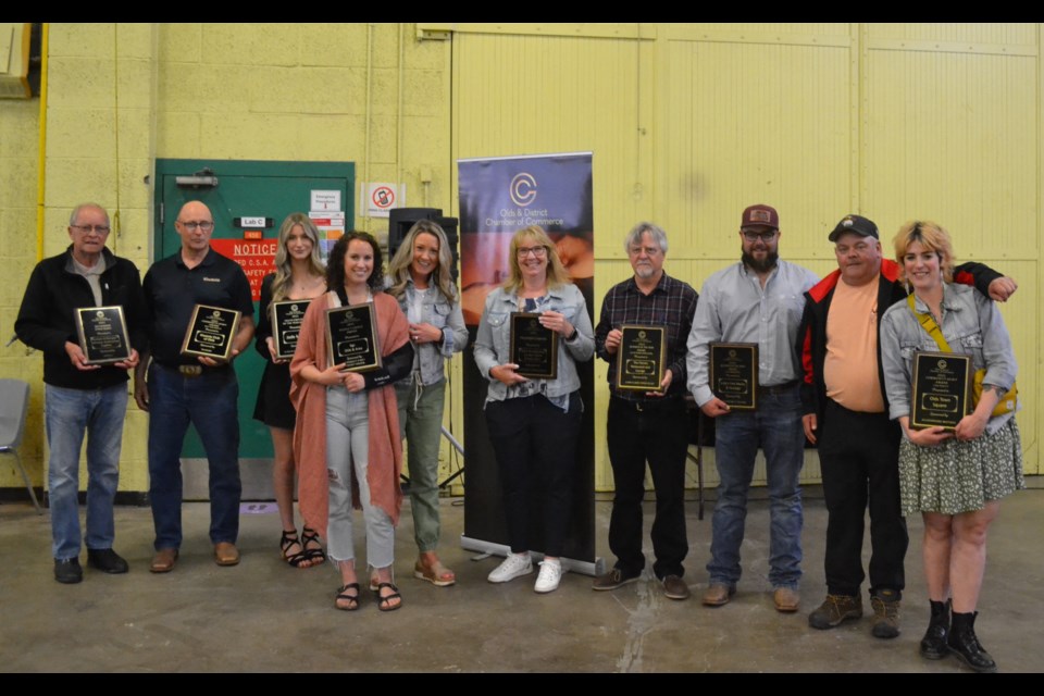 Winners of the 2021 Olds Small Business Awards gather for a photo during Business Beer and Burgers, held June 22 at the Olds College Trades Building. From left: Lynn Lamb of Bumper to Bumper, Business Ethics; Jack Fewster of the Kiwanis Club of Olds, Community Spirit award (not-for-profit category); Jade Marks of Mr. Mikes Steakhouse Casual, Youth Employee of the Year; Letitia Gole and Claire Rosehill of the Boys & Girls Club of Olds and Area, Peopleâs Choice; Melanie and Brian Hepp of Cab-K Broadcasting, President's award; Dilan Kolb and Brent Kolb of Kolb's Fine Meats & Sausage, Business of the Year (16 or more employees); Amy Lee of Olds Town Square, Community Spirit Award (for-profit category). Missing: a representative of Our Flames Restaurant and Lounge, Business of the Year (15 or fewer employees).
Doug Collie/MVP Staff