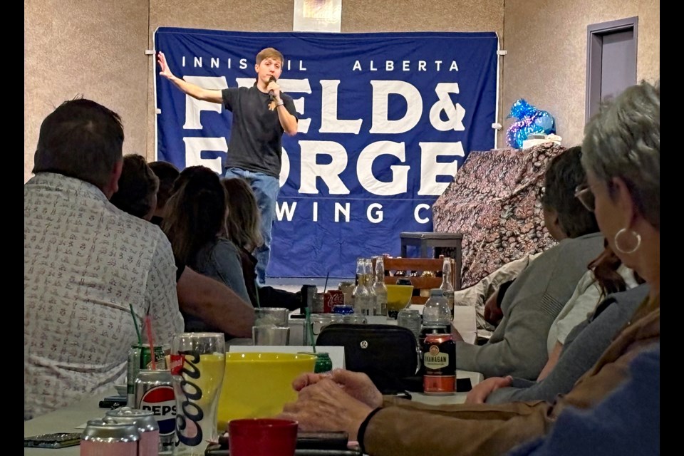 Comic Jarvis Zawatsky delivers his talents to an appreciative crowd on April 16 at the Innisfail Royal Canadian Legion Branch #104 for the 12th annual 2025 Boob Tour. The annual event raised more than $18,000 for the Red Deer-based Central Alberta Cancer Centre. Johnnie Bachusky/MVP Staff