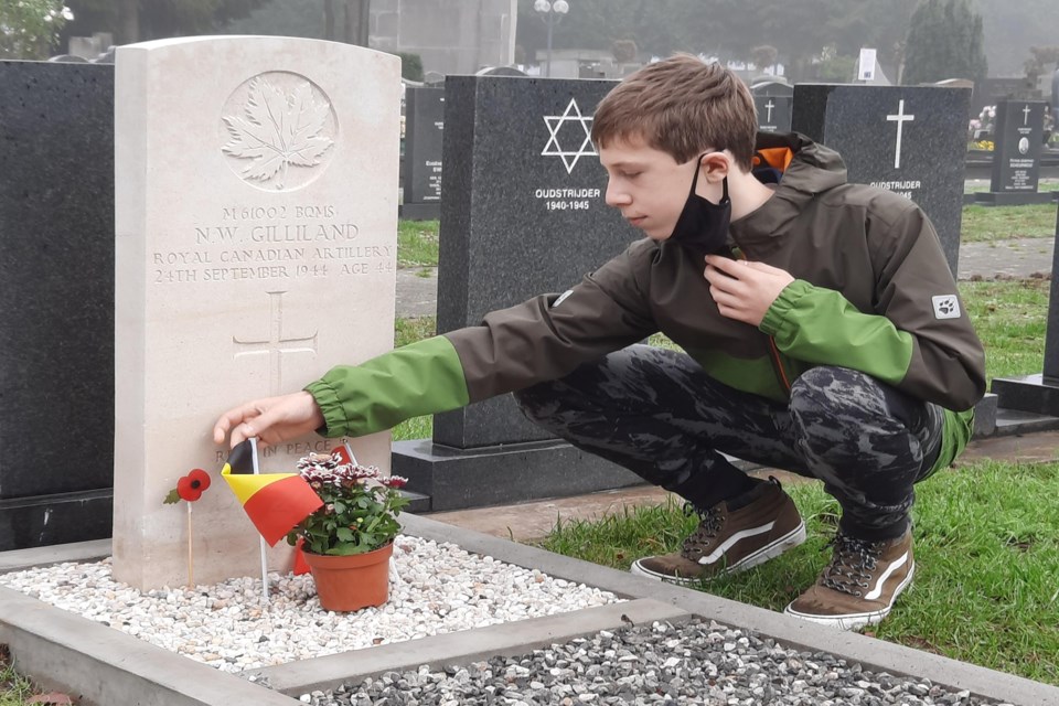 Wout Van Kerckhoven, a 15-year-old Belgian teen paused on Nov. 11, 2020 to remember the sacrifice of Battery Quartermaster Sgt. Norman Walter Gilliland, a former citizen of Bowden who died in 1944 while defending Belgium during the Second World War. Submitted photo