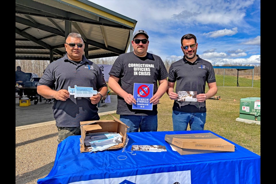 Leaders of the Union of Canadian Correctional Officers (UCCO) were in Innisfail on April 29 to support Bowden Institutional correctional officers and staff in their opposition to the new Prison Needle Exchange Program. From left to right is vice-president Kevin Machan, president Jeremey Doucette and Chase Mayer, second vice-president of the union's prairie region. 
Johnnie Bachusky/MVP Staff