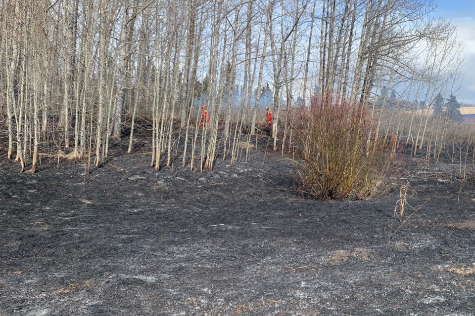 Alongside assistance from the Olds Fire Department, Sundre firefighters responded on Tuesday, April 5 to a grass fire southeast of town that broke out when a burn pile presumed by the rural property’s owner to have been out since before the new year, was rekindled by strong winds.
Submitted photo