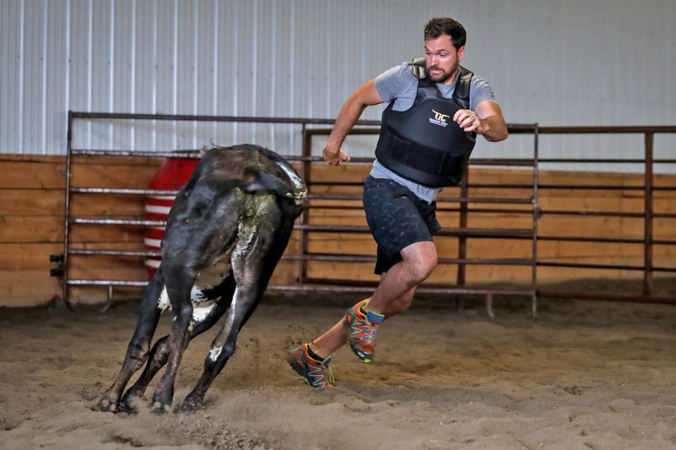 Ex-NHL player Noah Welch was among the participants deemed “fit to fight” and who decided to go face to face against live cattle in the recently launched Ultimate Rodeo Bullfighting Experience on a ranch southwest of Carstairs. 
Courtesy of Covy Moore