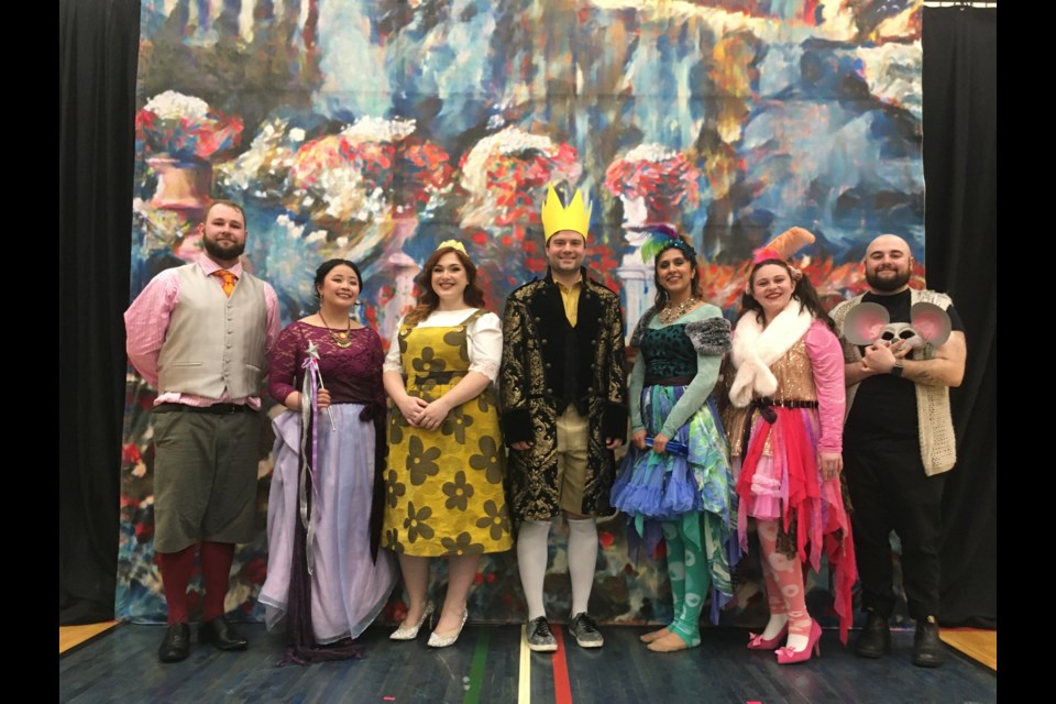 River Valley School students in Sundre were treated to a rendition of Cinderella on March 2 that was part of the 2022-23 Calgary Opera School Tour throughout southern Alberta, which started Feb. 21 and ends March 17. From left, Calgary Opera performers and the roles they played: Connor Hoppenbrouwers, Crantini – the Prince’s servant; Nicole Leung, Celeste – the Fairy Godmother; Justine Ledoux, Cinderella; Tayte Mitchell, Prince Albert; Simran Claire, Rubella – Cinderella’s stepsister; Juliana Krajčovič, Roseola – Cinderella’s stepsister; and Elias Theocharidis, Mouse. All are members of the Calgary Opera’s McPhee Artist Development Program. 
Simon Ducatel/MVP Staff