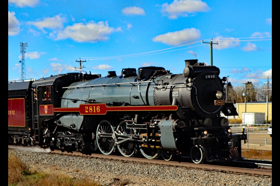 The prized Canadian Pacific 2816 locomotive sped through Innisfail on Oct. 17; a test run for its three-nation tour – Canada, United States and Mexico - on April 13, 2024. 
Johnnie Bachusky/MVP Staff