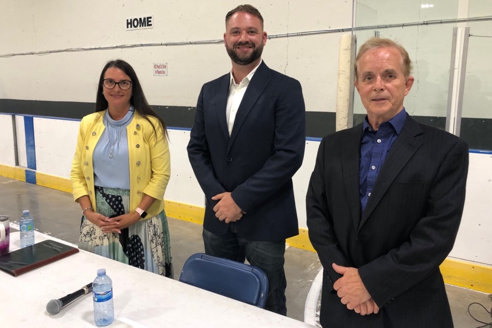 From left: Candidates Tara Sawyer, UCP; Cam Davies, Republican Party of Alberta; and Bill Tufts, Wildrose Loyalty Coalition, pose for a photo at the June 17 forum in Olds.